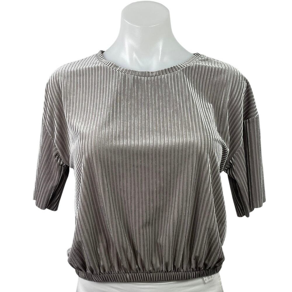 Zara Womens Gray Velvet Velour Short Sleeve Elasticated Bottom Crop Blouse Top M